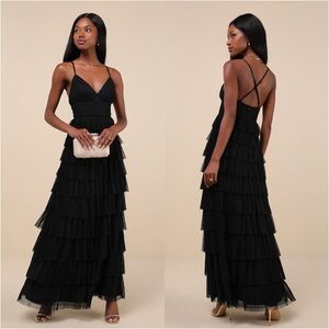 LULU’S Radiant Event Black Mesh Tiered Pleated Backless Maxi Dress